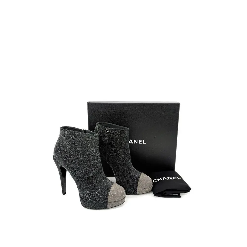 Chanel Bootie EU 40 US 10 Black Gray Leather Sparkle Platform Ankle Boots